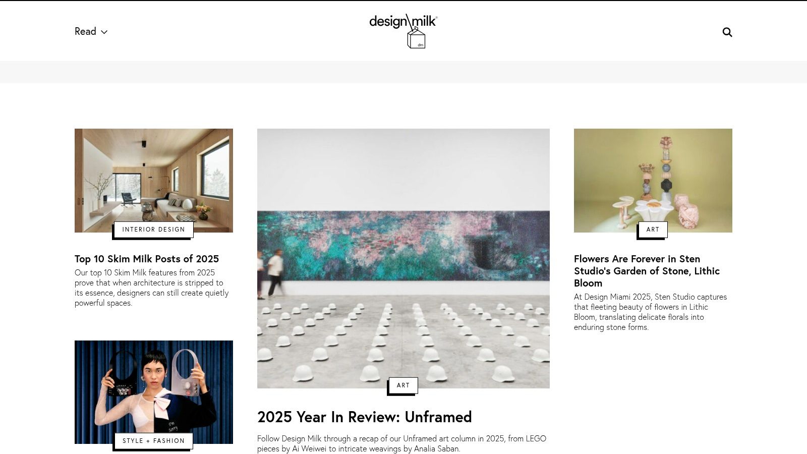 Design Milk website layout showcasing articles and modern design products.
