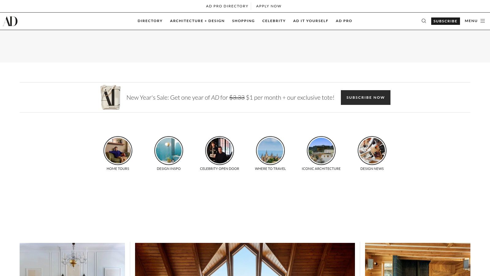 Architectural Digest website layout showcasing articles and high-quality imagery of interior spaces.