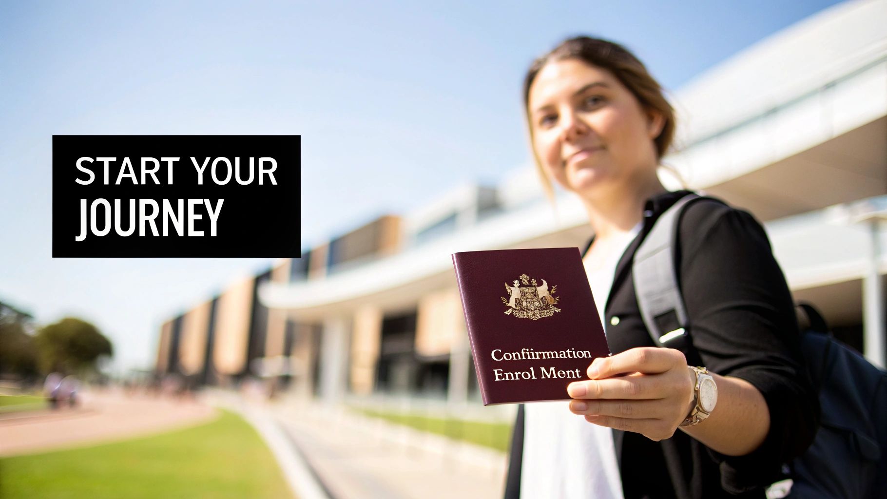 A student holds a maroon document, likely an Australian enrollment confirmation, preparing for their journey.
