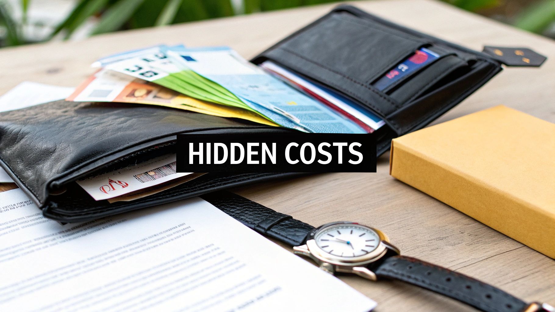 An open wallet with Euro banknotes, credit cards, a closed wallet, documents, a watch, and a box, highlighting 'HIDDEN COSTS'.