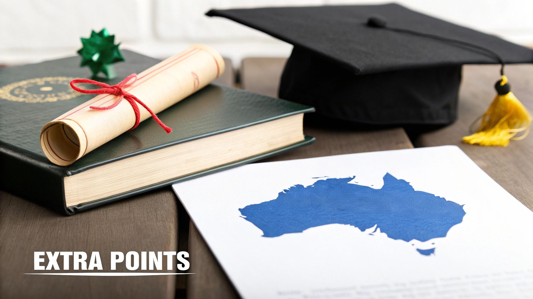 A graduation cap, rolled diploma, and a map of Australia symbolize education and international studies.