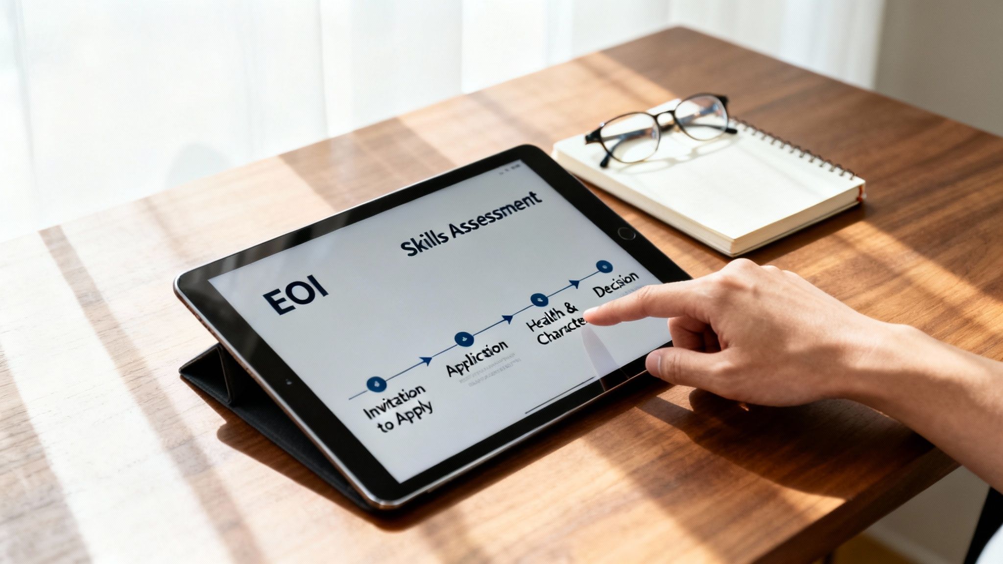 A hand taps a tablet displaying an EOI Skills Assessment process on a wooden table.