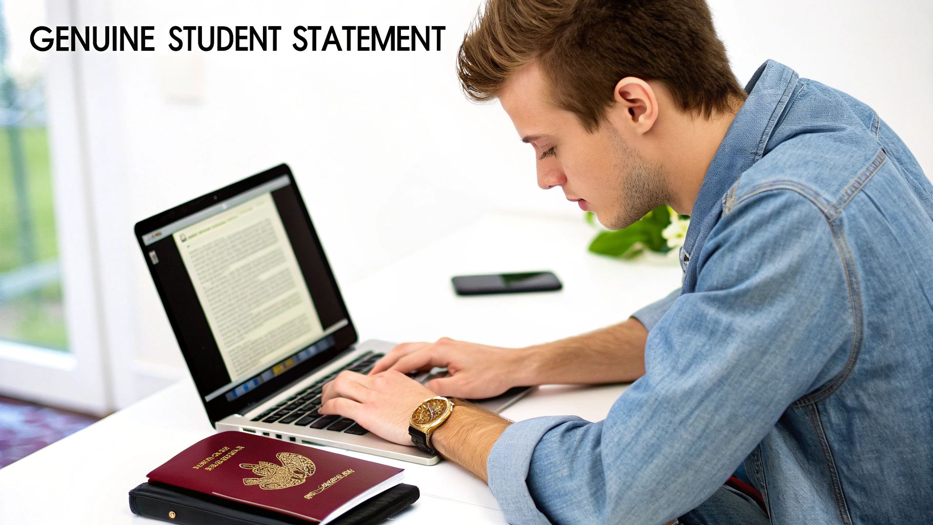 A young man types on a laptop, working on a genuine student statement, with a passport nearby.