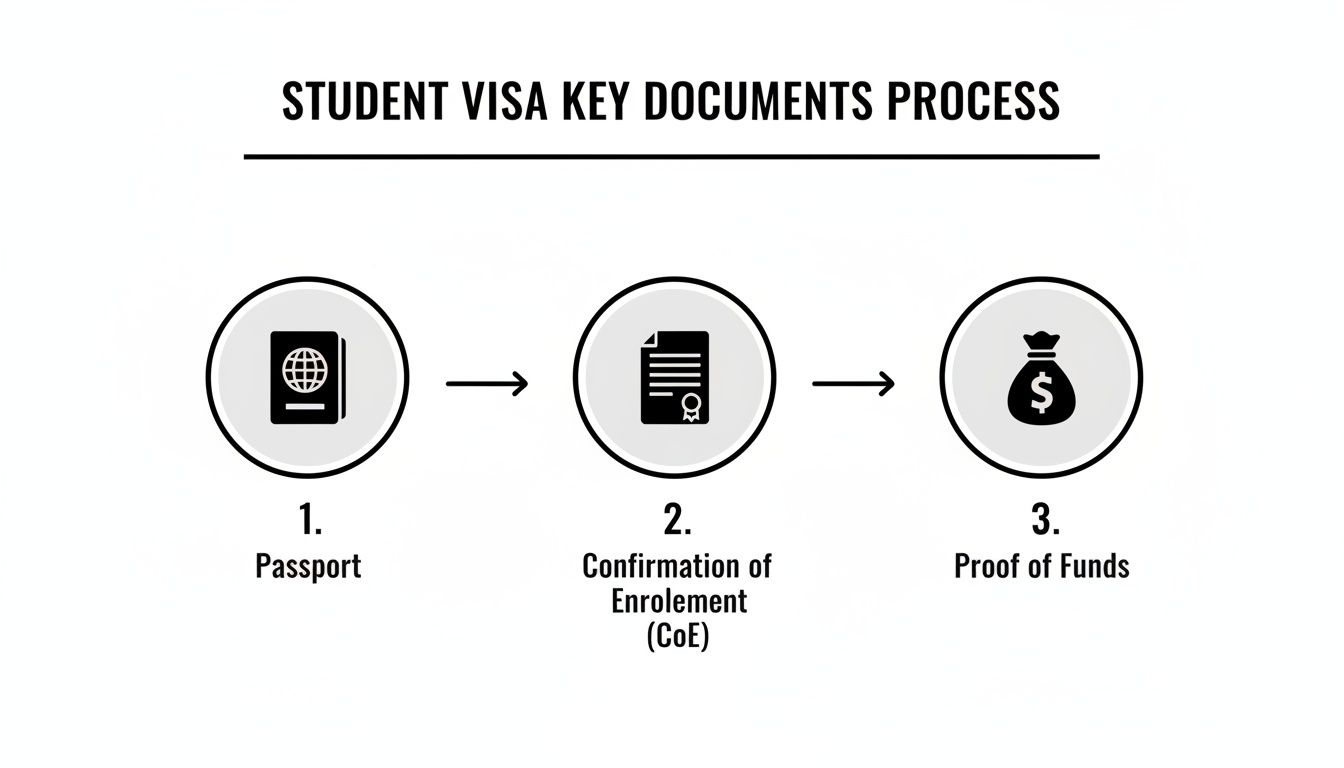 A three-step infographic outlining key student visa documents: Passport, Confirmation of Enrolment (CoE), and Proof of Funds.