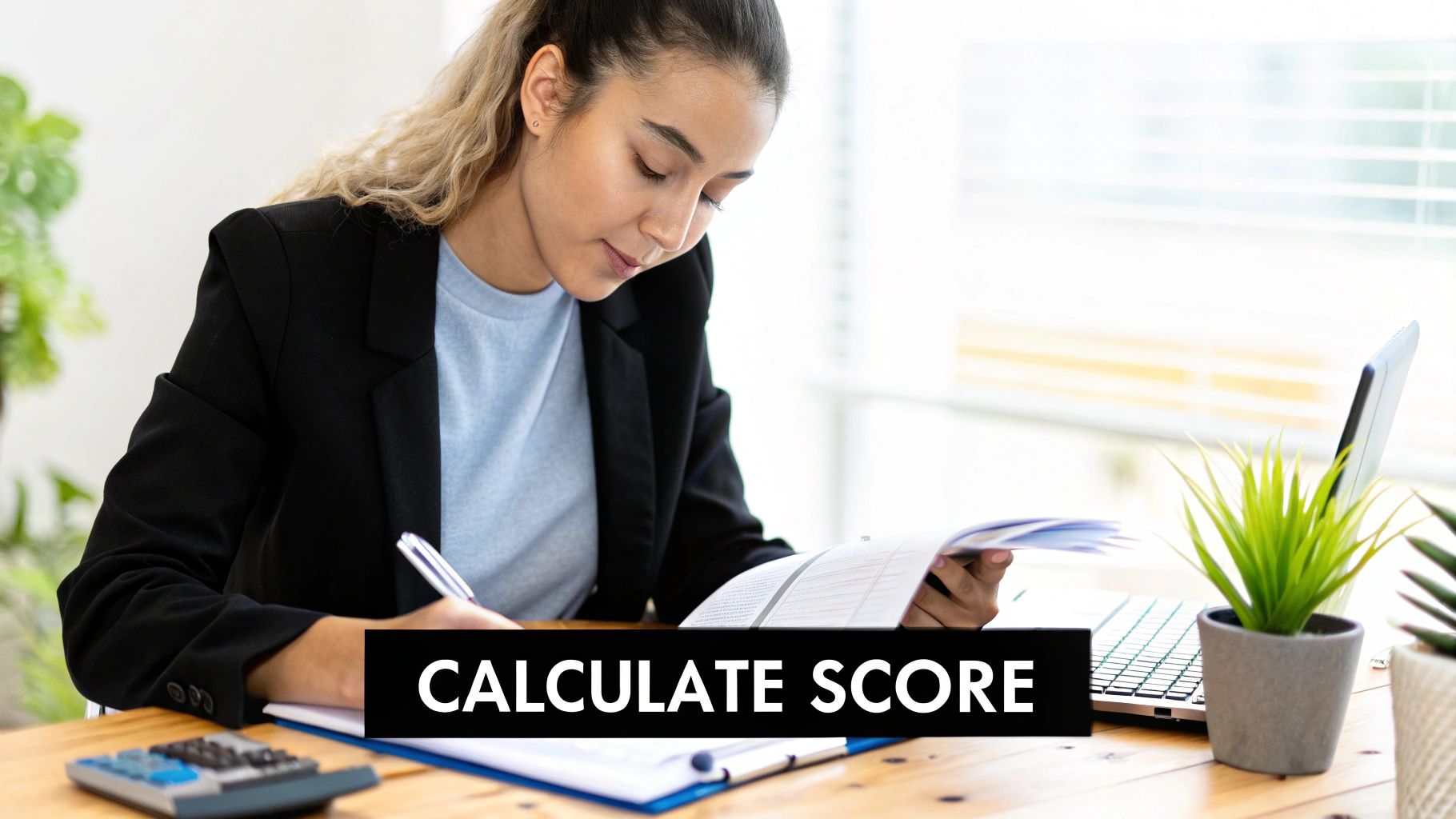 Young woman calculating scores, writing on documents at a wooden desk with a calculator.