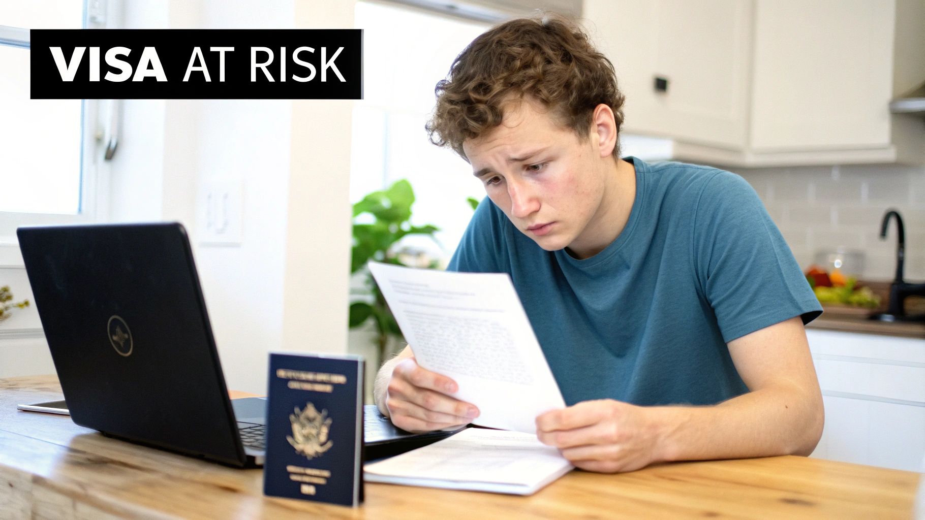 A concerned young man reads a document, with a laptop and passport nearby, under a 'VISA AT RISK' sign.