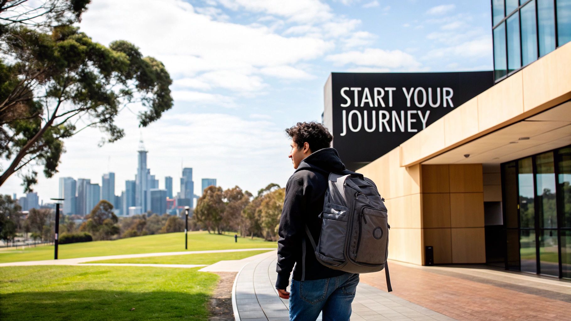 A student with a backpack walks on a campus path towards a city skyline and a 'START YOUR JOURNEY' sign.