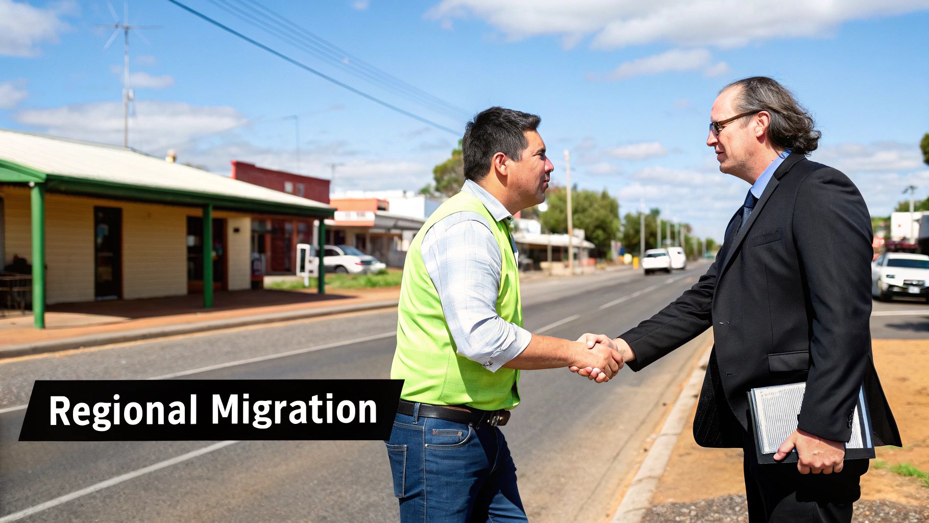 Two men shake hands on a street in a regional town, with a banner about 'Regional Migration'.