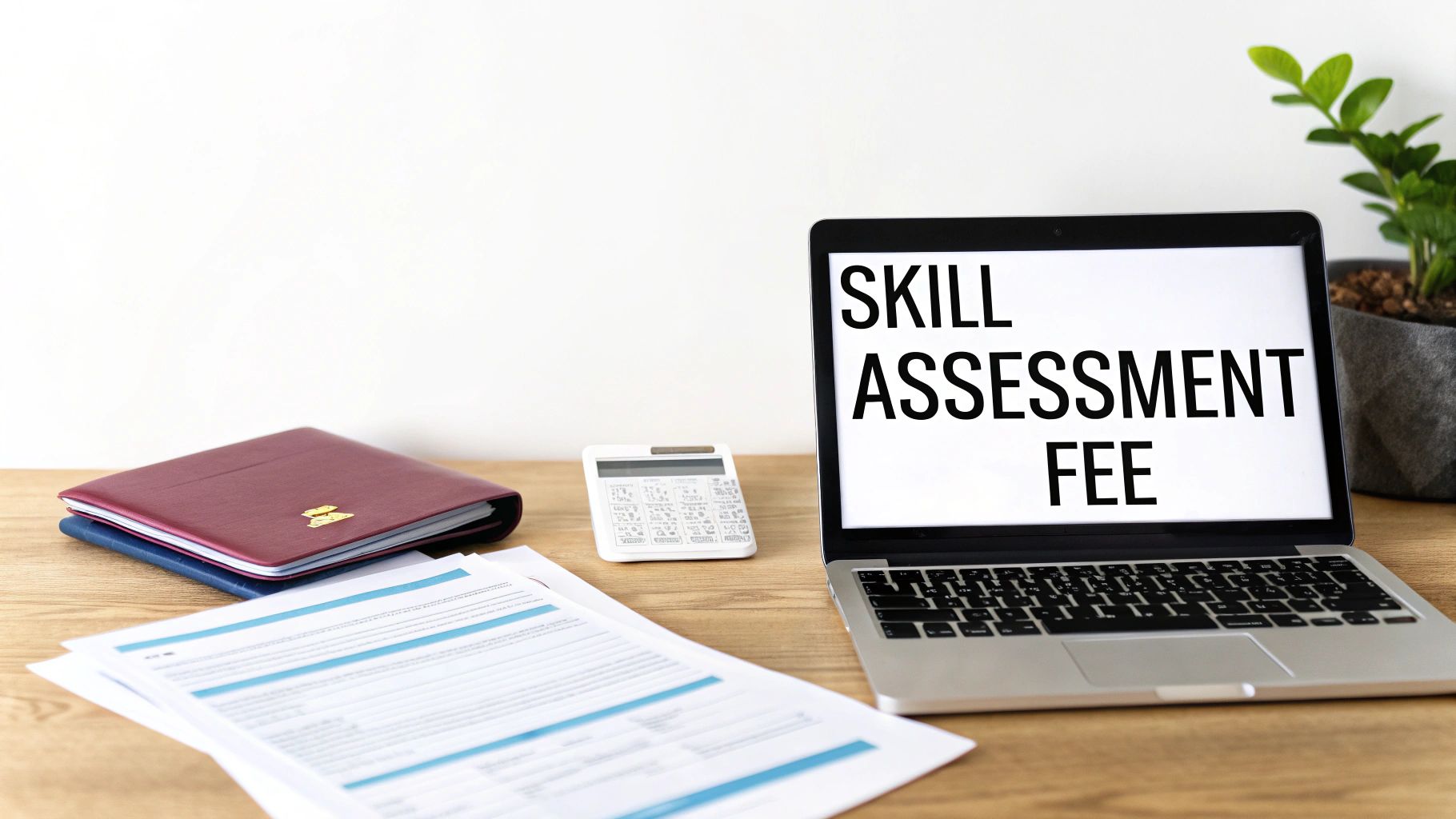 A laptop screen displaying 'SKILL ASSESSMENT FEE' on a desk with documents, a calculator, and a notebook.