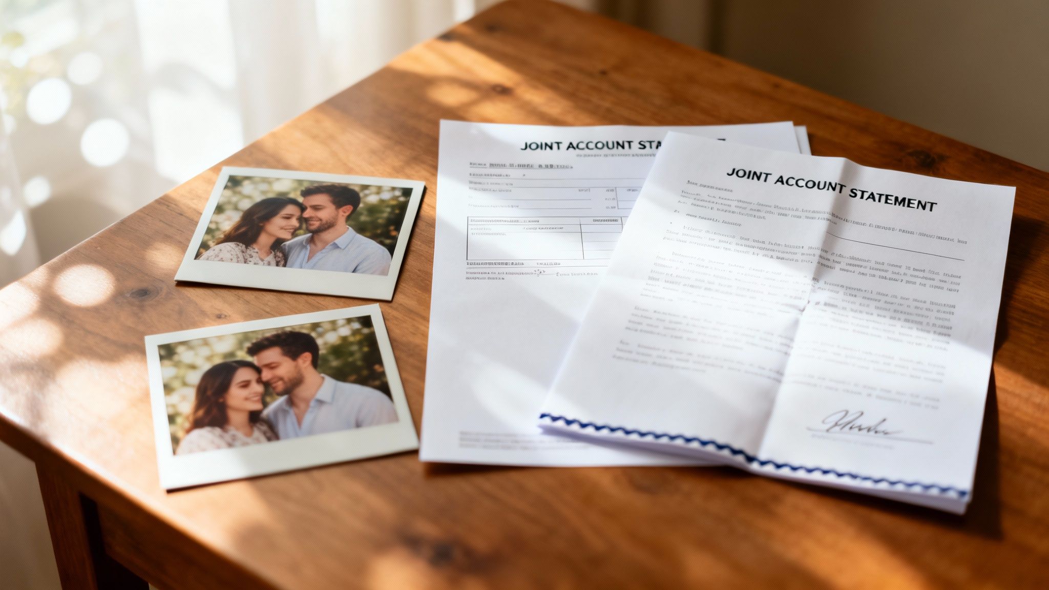 Two instant photos of a happy couple next to joint account statements on a wooden table.