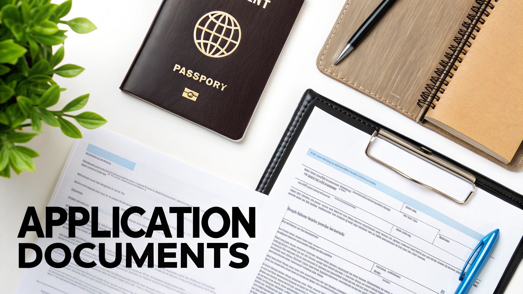 Essential documents for a visa application: passport, forms, notebook, and pens on a white background.
