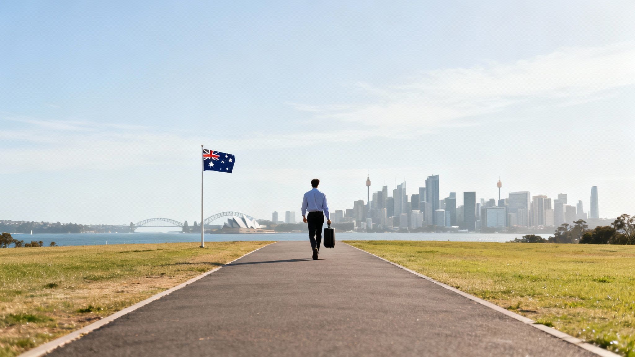 A man walks on a path towards the Sydney skyline, featuring the Opera House, Harbour Bridge, and an Australian flag.
