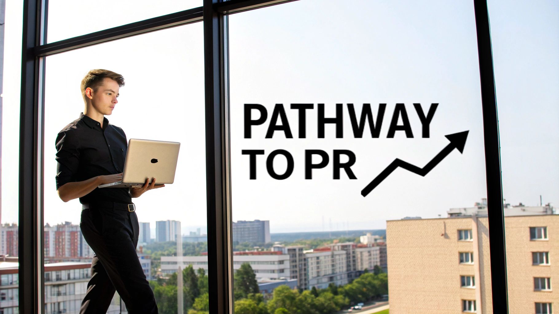 A young man with a laptop stands by a window with "PATHWAY TO PR" text, overlooking a city.