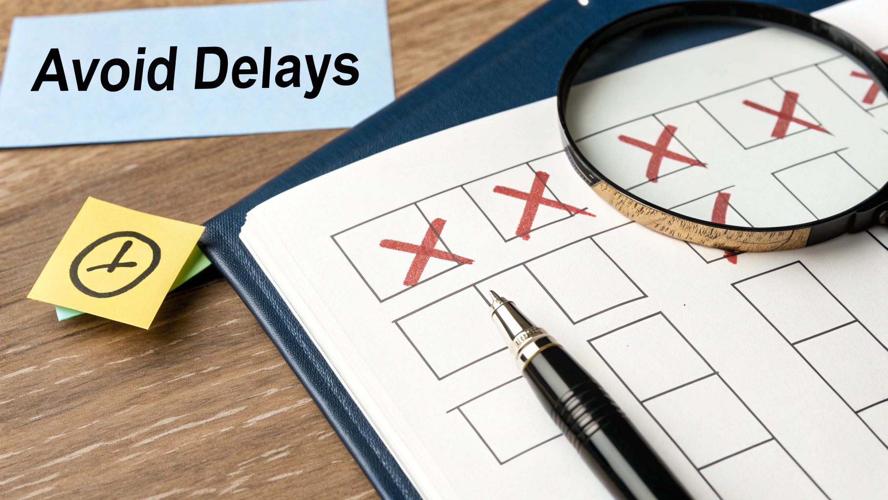 Sticky note 'Avoid Delays' on a wooden desk with a planner and tasks checked off.