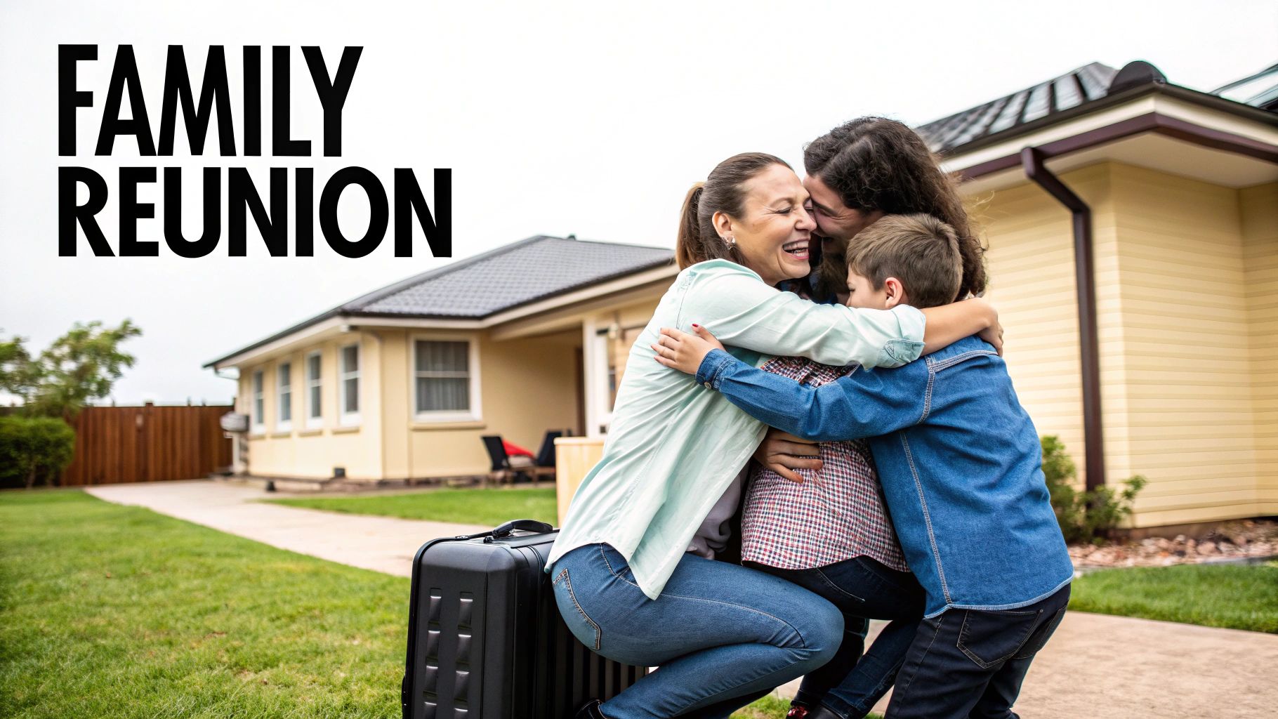 A joyful family reunion as two adults and a child embrace outside a home, near a suitcase.