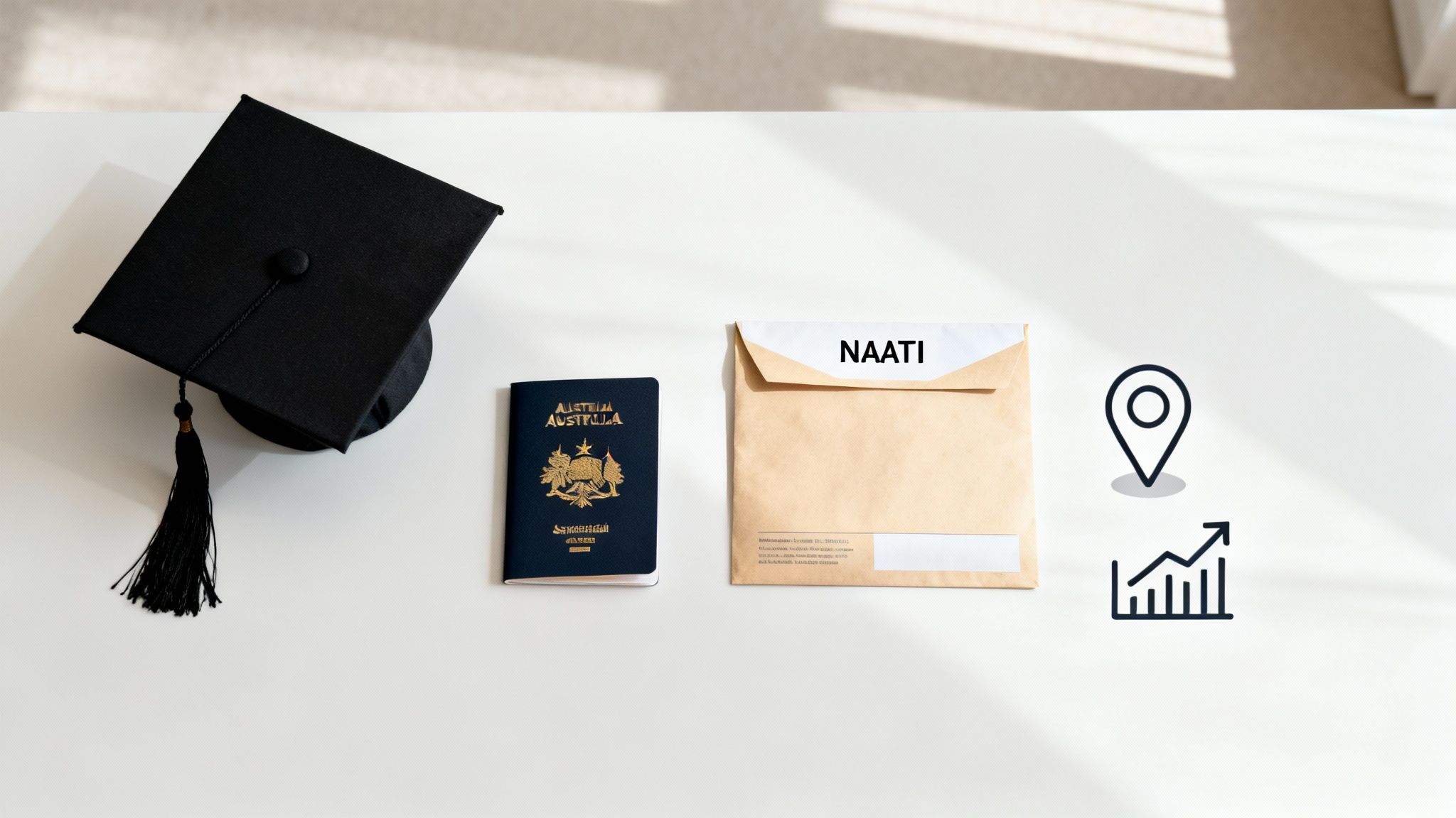 A graduation cap, Australian passport, NAATI envelope, location, and growth icons for PR points calculator.