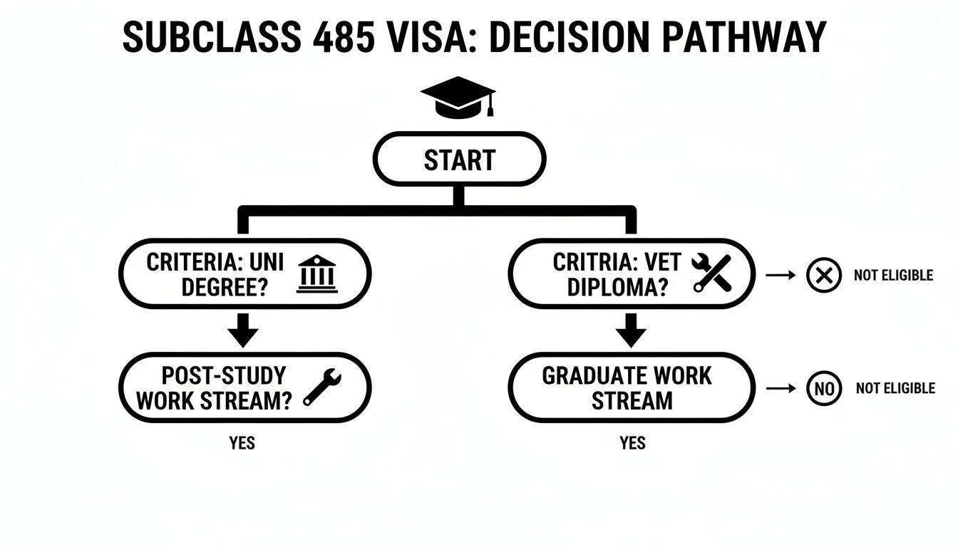 Flowchart detailing the Subclass 485 Visa decision pathway for post-study work or graduate work streams.