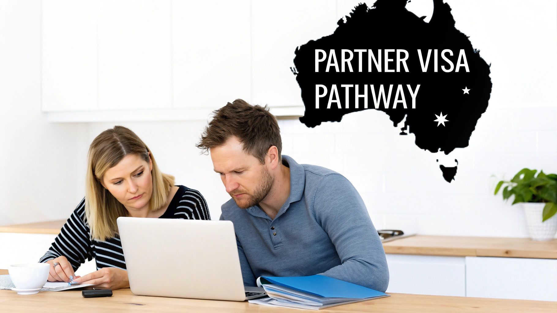 Couple working on documents and a laptop, with a graphic showing 'PARTNER VISA PATHWAY' on a map of Australia.