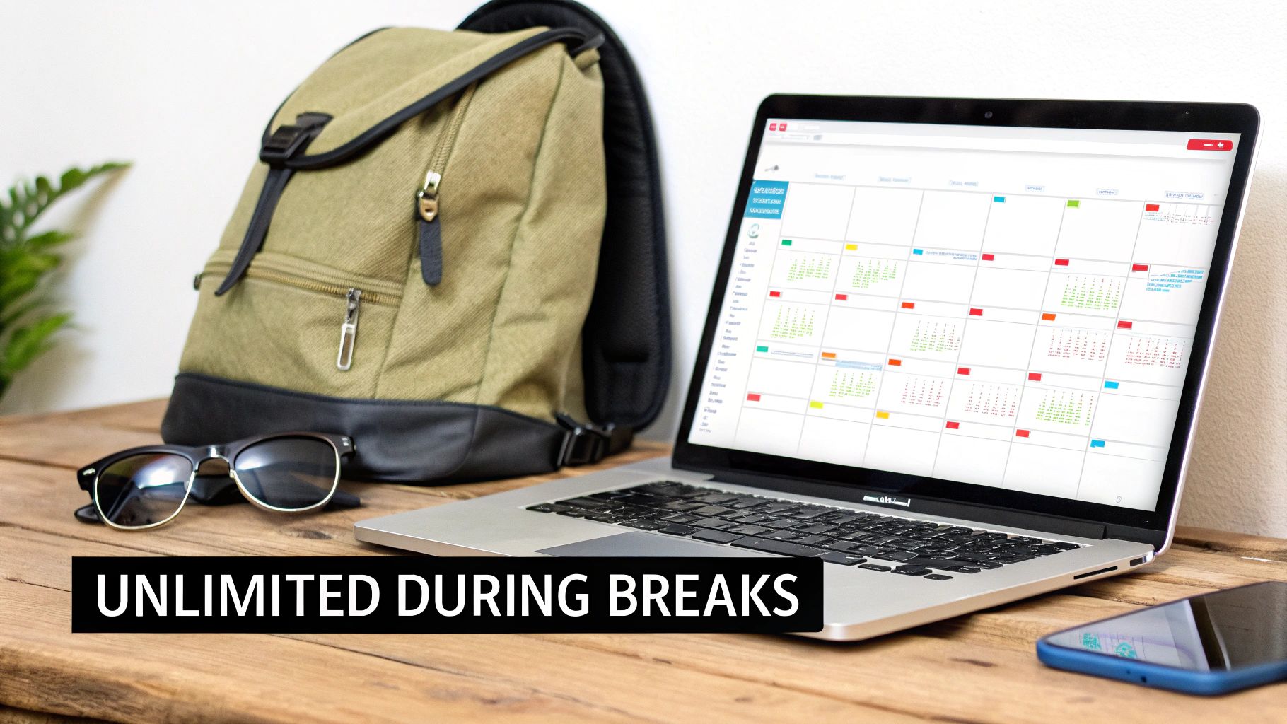 A student's desk with a backpack, sunglasses, laptop displaying a calendar, and a smartphone, indicating planning.