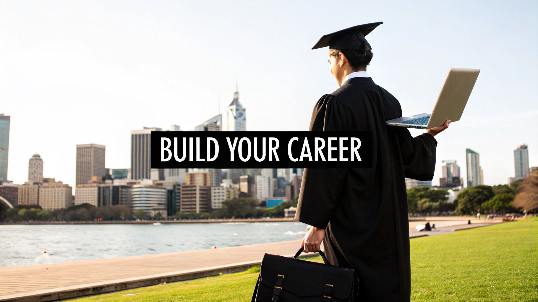 A graduate in cap and gown, holding a laptop and briefcase, looks at a city skyline, ready for a career.