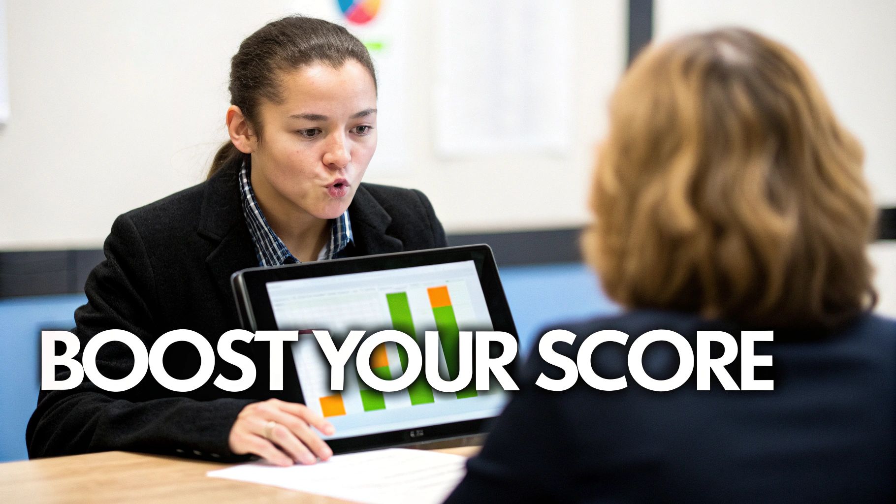 A woman explains a bar chart on a tablet to another person, emphasizing how to boost their score.