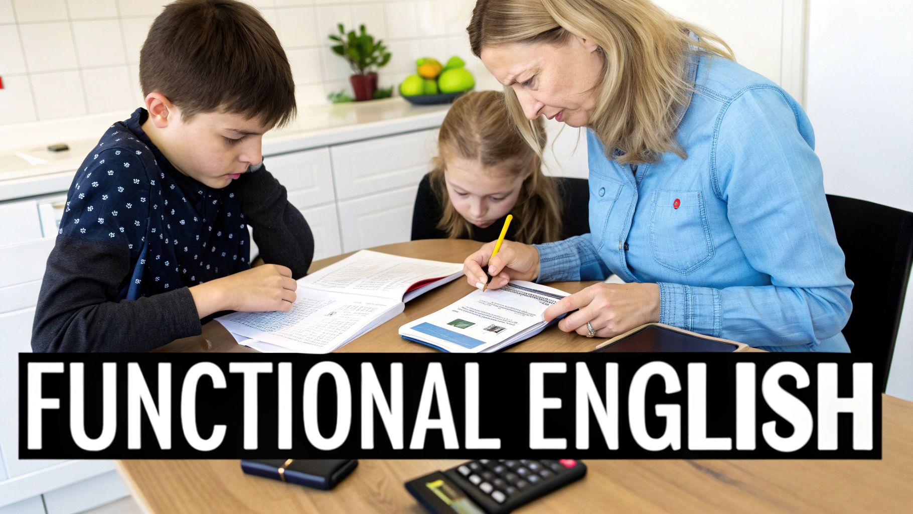 A woman tutors two children at a kitchen table, helping with their homework amidst books and papers.