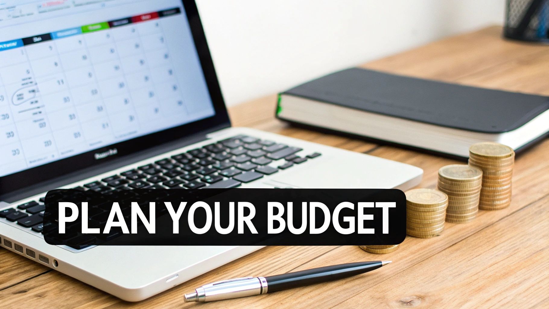 A laptop showing a calendar, a notebook, stacks of coins, and a pen on a wooden desk, with 'PLAN YOUR BUDGET' overlay.