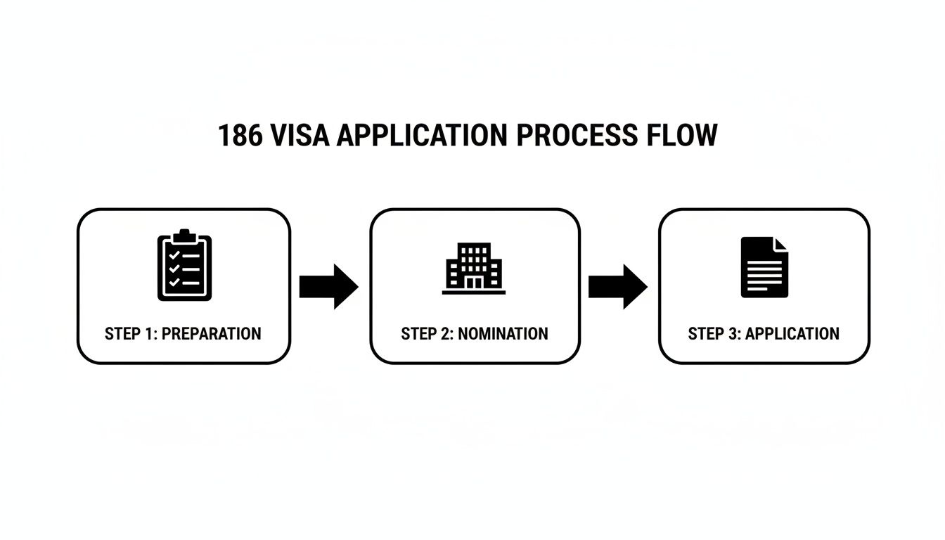 Flowchart illustrating the 186 visa application process with steps: preparation, nomination, and application.