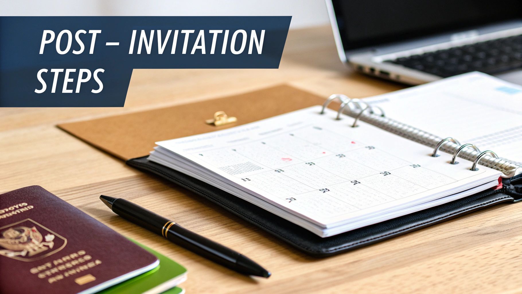 Desk with passport, calendar, pen, and laptop, emphasizing post-invitation steps and planning.