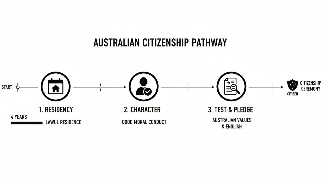 Diagram illustrating the Australian Citizenship Pathway with steps: Residency, Character, Test & Pledge, leading to a Citizenship Ceremony.