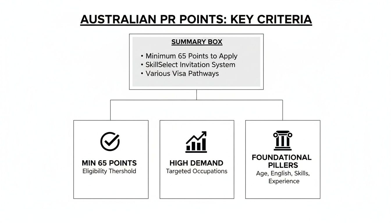 Diagram detailing Australian PR points key criteria, covering minimum points, high demand occupations, and foundational pillars.