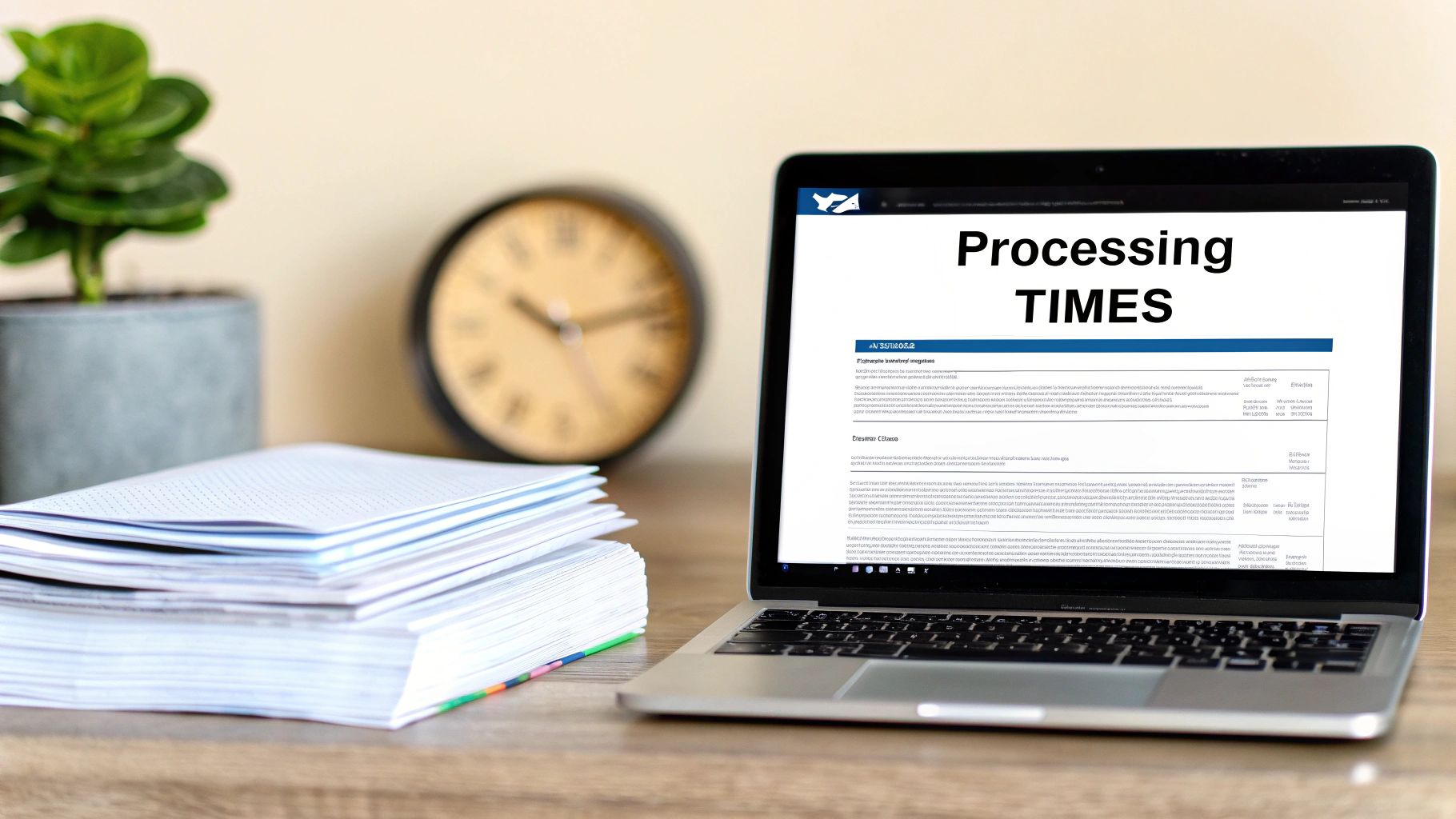 A laptop on a desk displaying 'Processing TIMES' on its screen, surrounded by a plant, papers, and a clock.