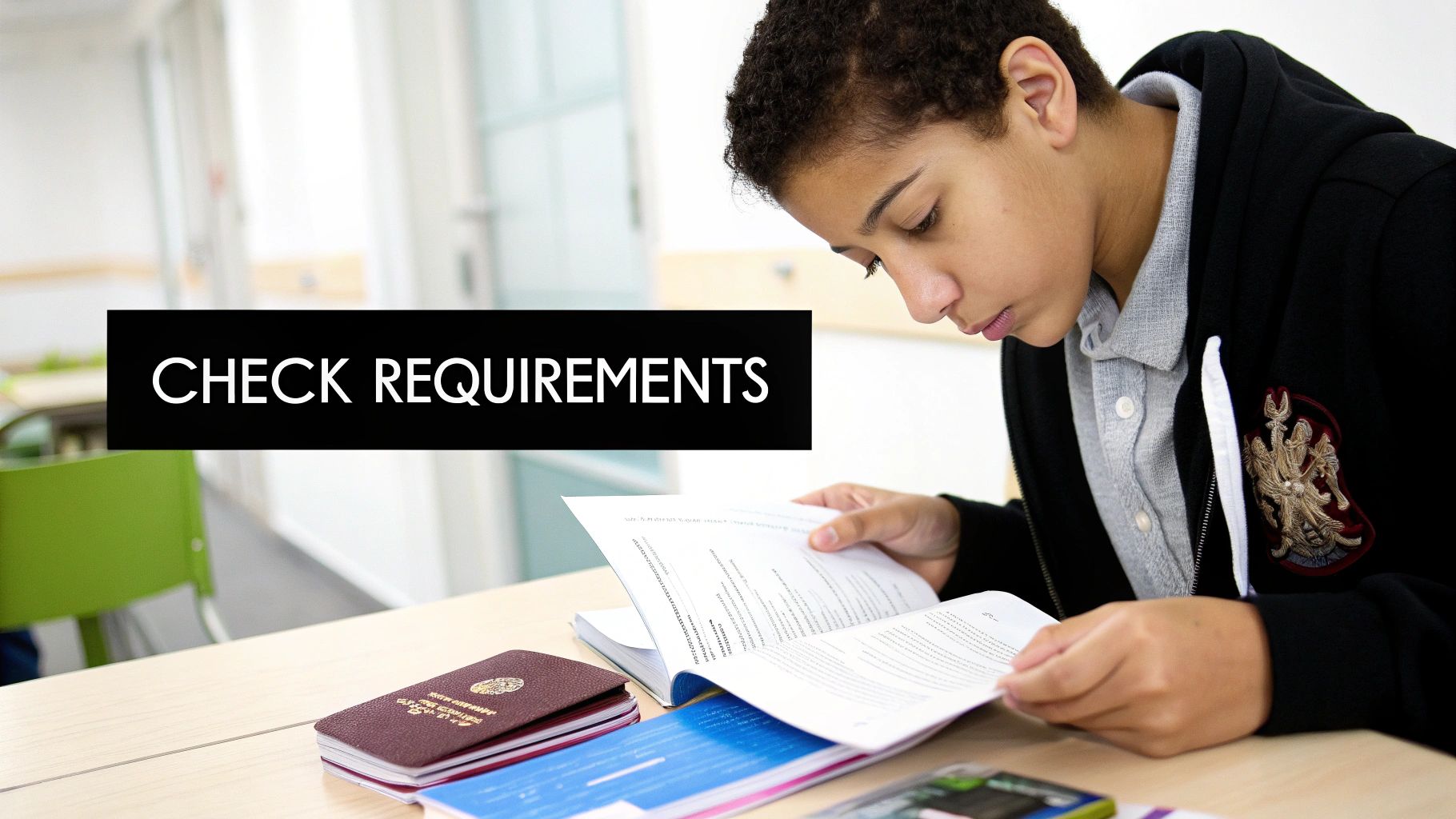 A young student reading documents at a desk, with passports visible and 'CHECK REQUIREMENTS' text.