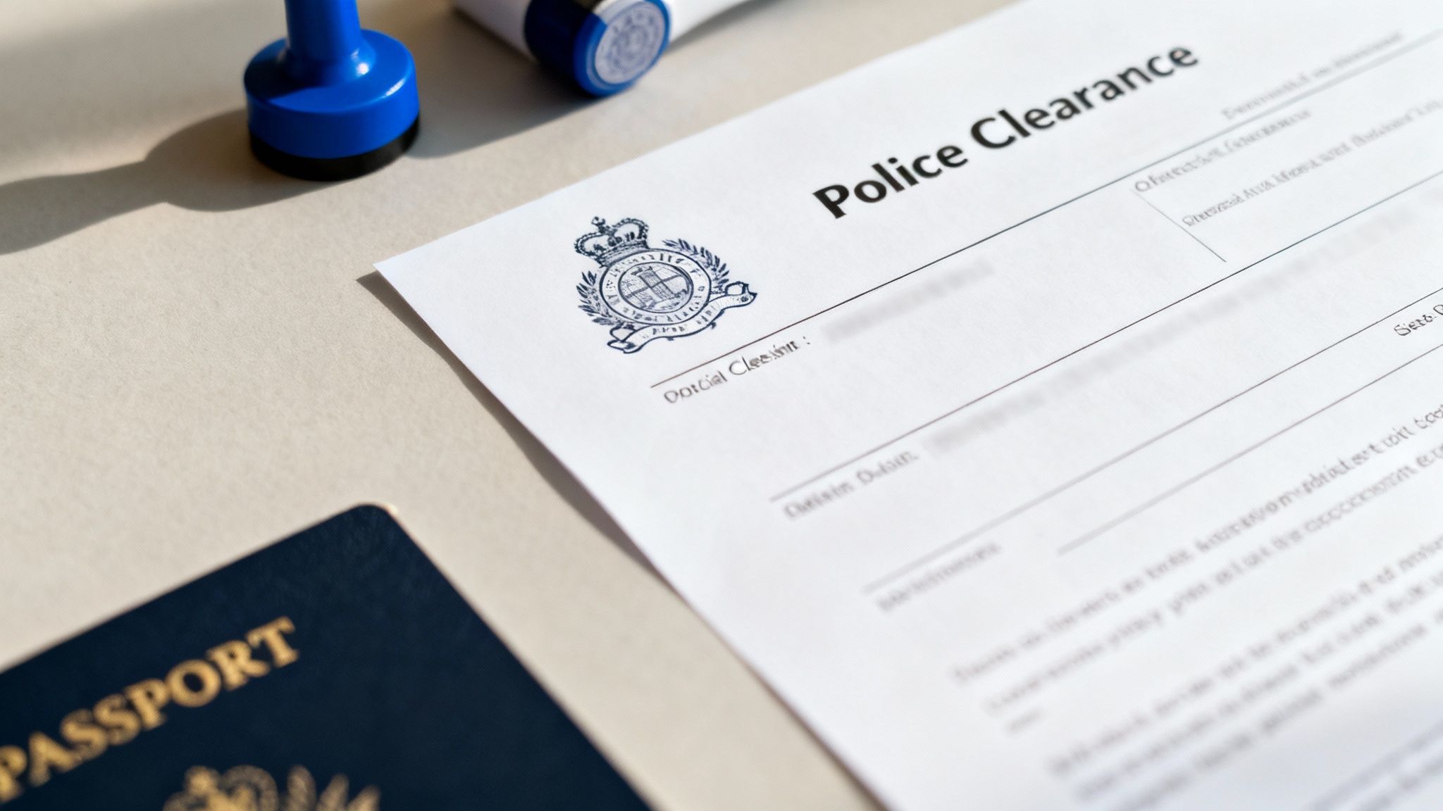 A police clearance document, passport, and blue rubber stamp on a desk.