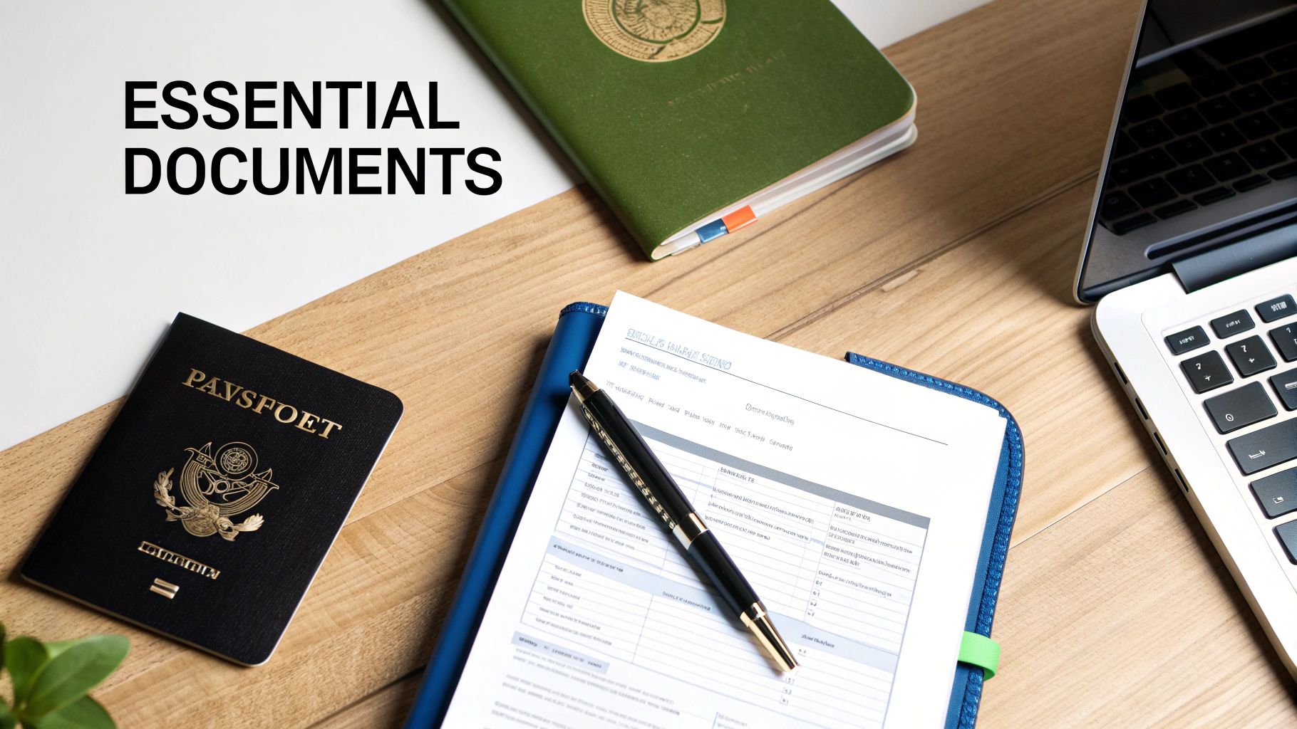 Flat lay of essential documents, including passports, a form with a pen, and a laptop on a wooden desk.