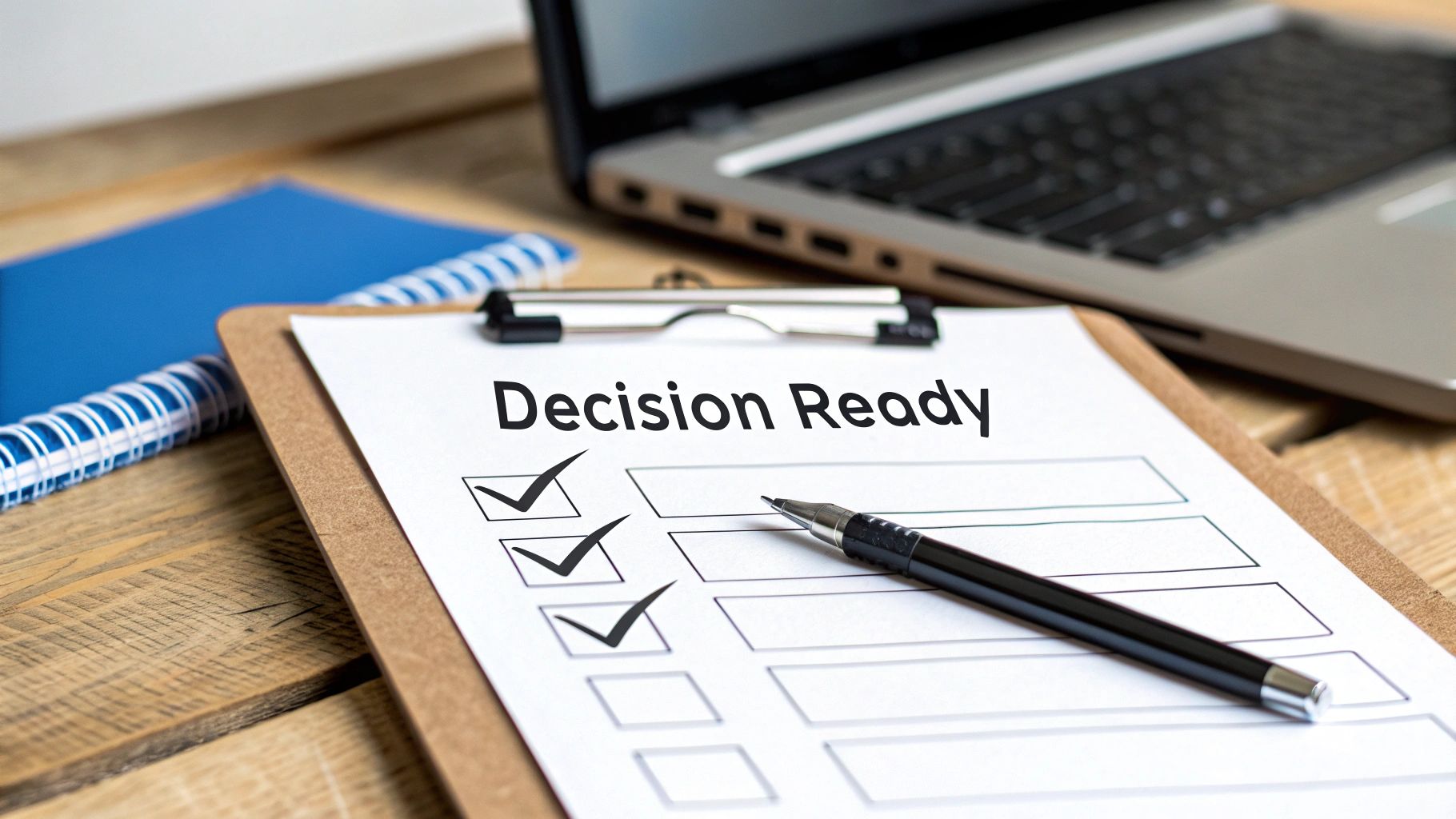 A clipboard with a 'Decision Ready' checklist, three items checked, a pen, laptop, and notebook on a wooden desk.