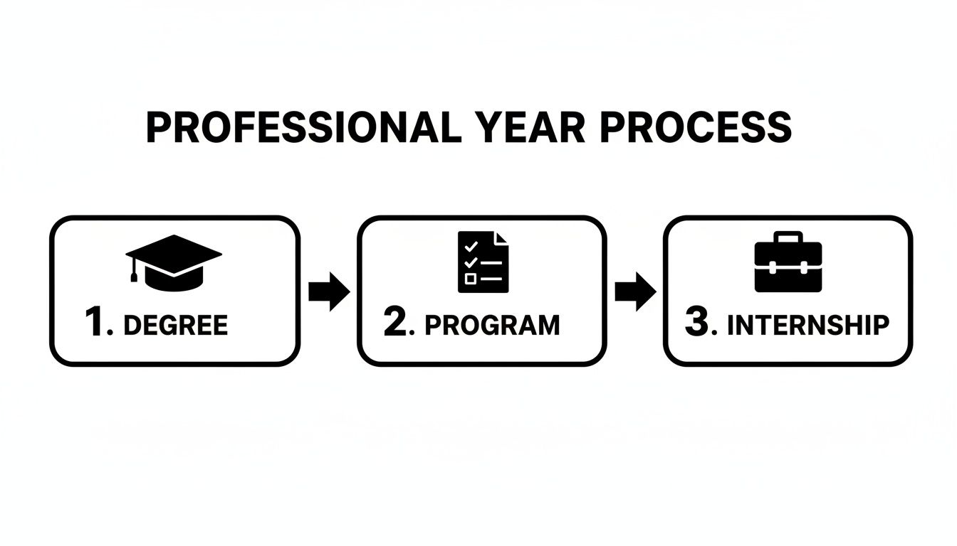 Flowchart illustrating the professional year process, detailing degree, program, and internship steps sequentially.