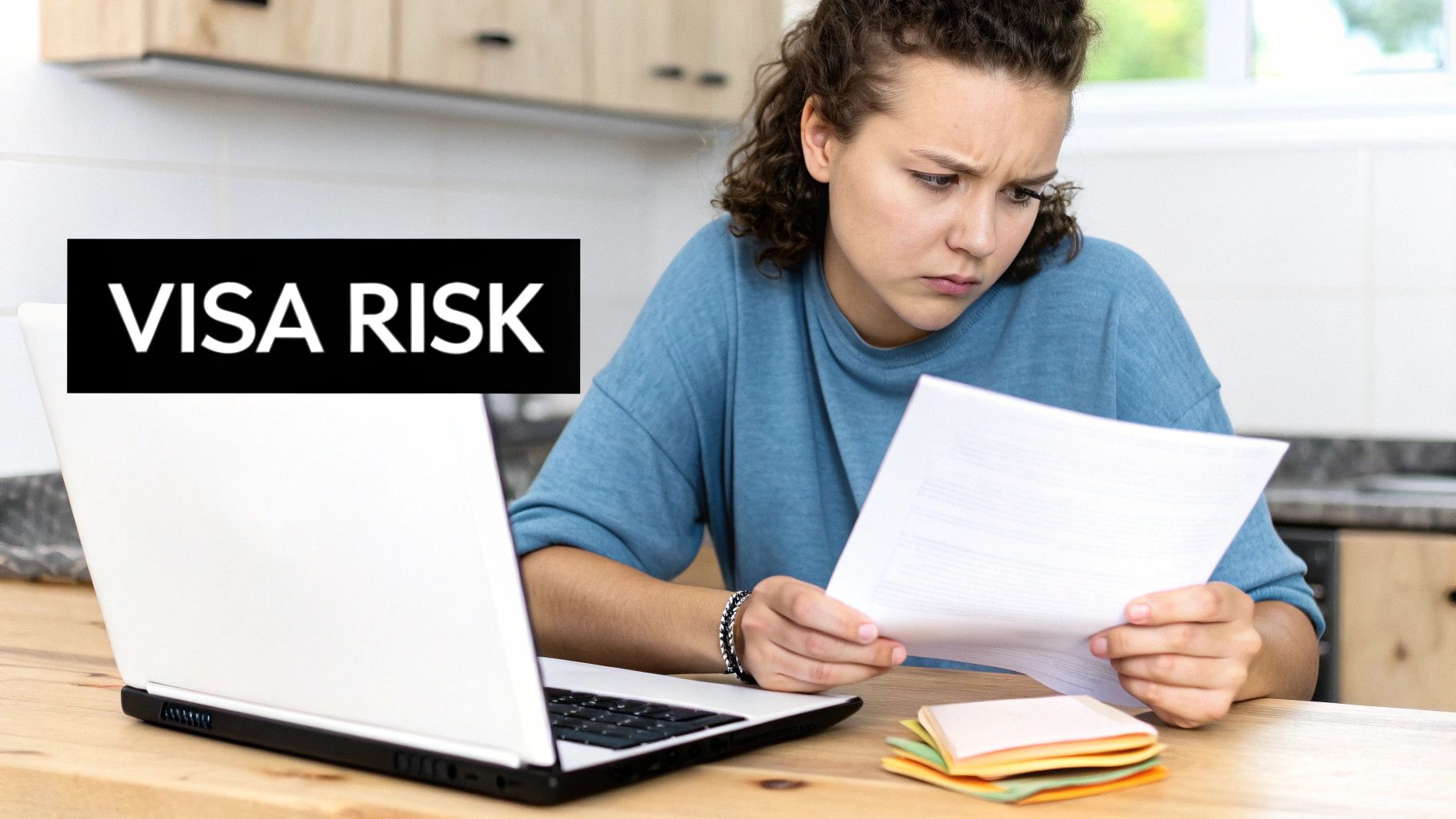 A concerned person reviews documents next to a laptop with 'VISA RISK' text.