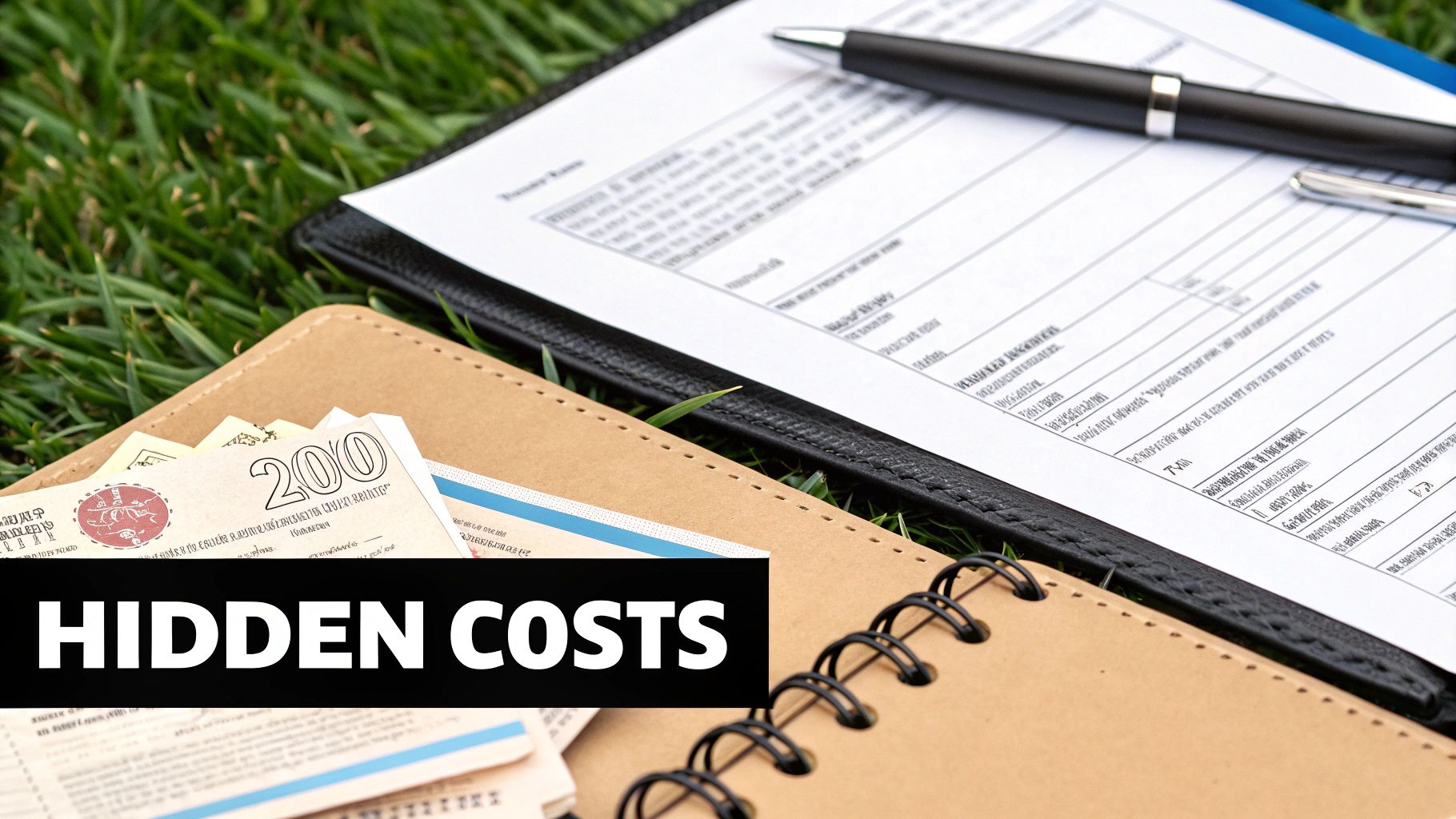 A document with a pen, a notebook with a 200 bill, and a 'HIDDEN COSTS' banner on grass.