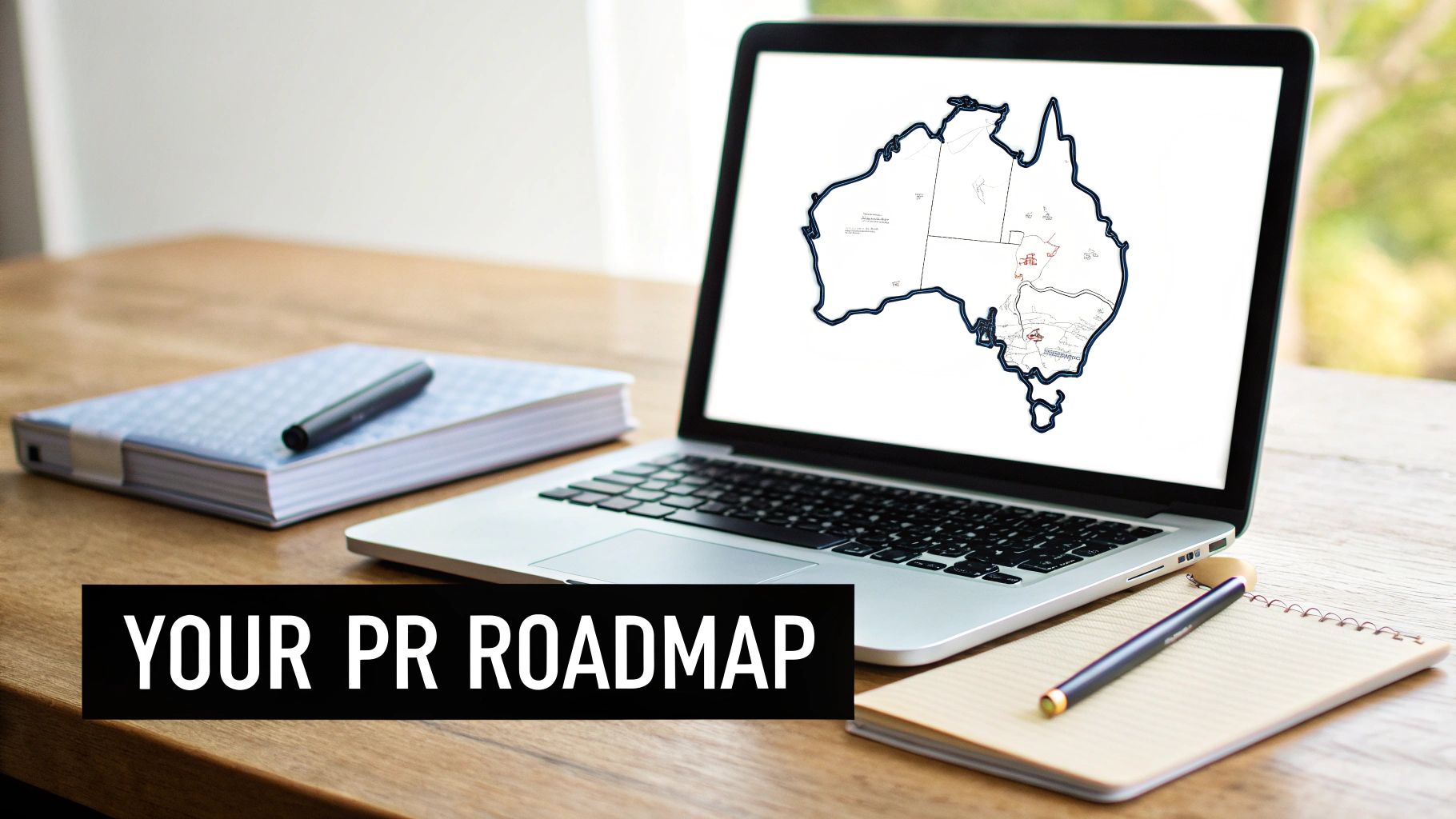 A workspace with a laptop displaying an Australian map, a notebook, and text "YOUR PR ROADMAP".