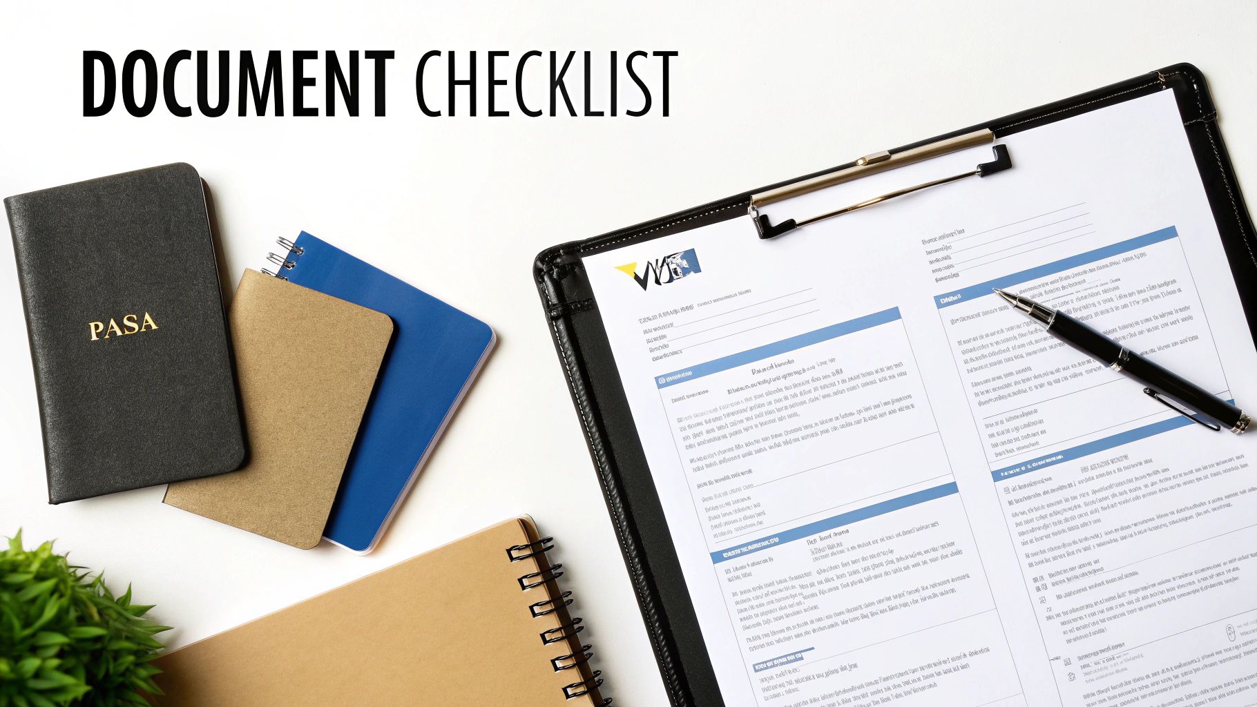 A flat lay of a passport, notebooks, and a checklist on a clipboard with a pen, labeled 'DOCUMENT CHECKLIST'.