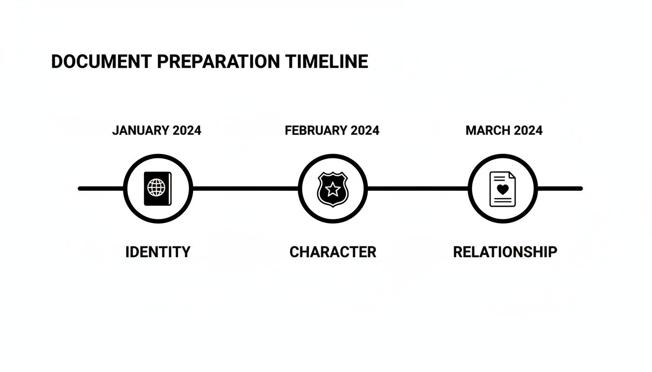 Document preparation timeline detailing identity, character, and relationship stages from January to March 2024.