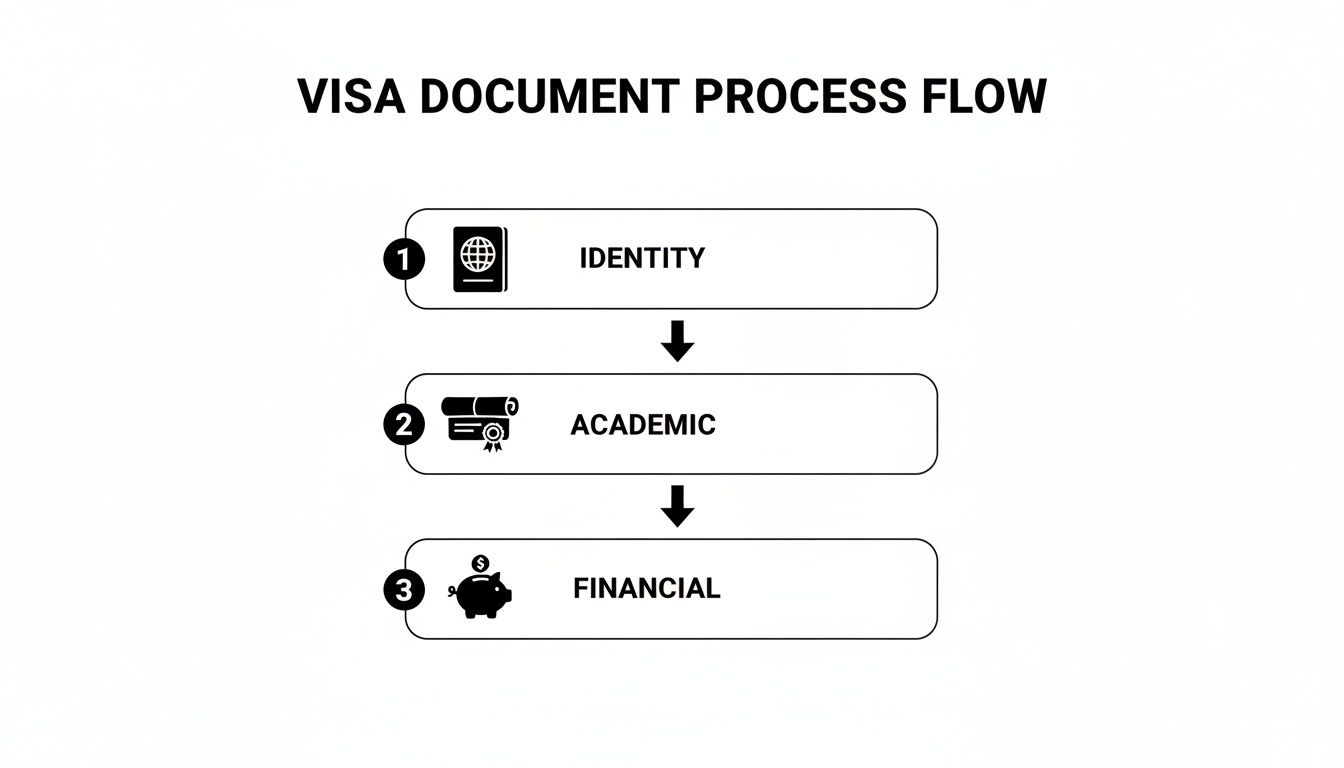 Flowchart illustrating the visa document process with steps for identity, academic, and financial requirements.