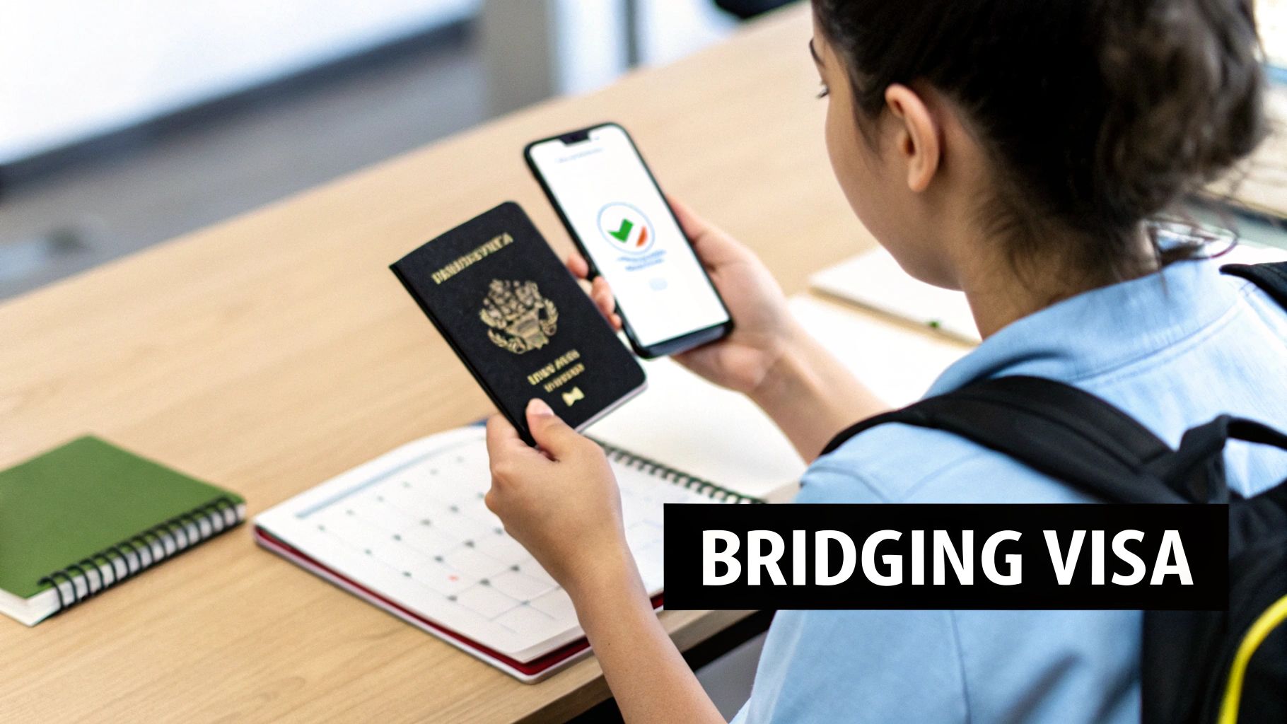 Person holding a black passport and a phone displaying a successful application, with 'BRIDGING VISA' text.