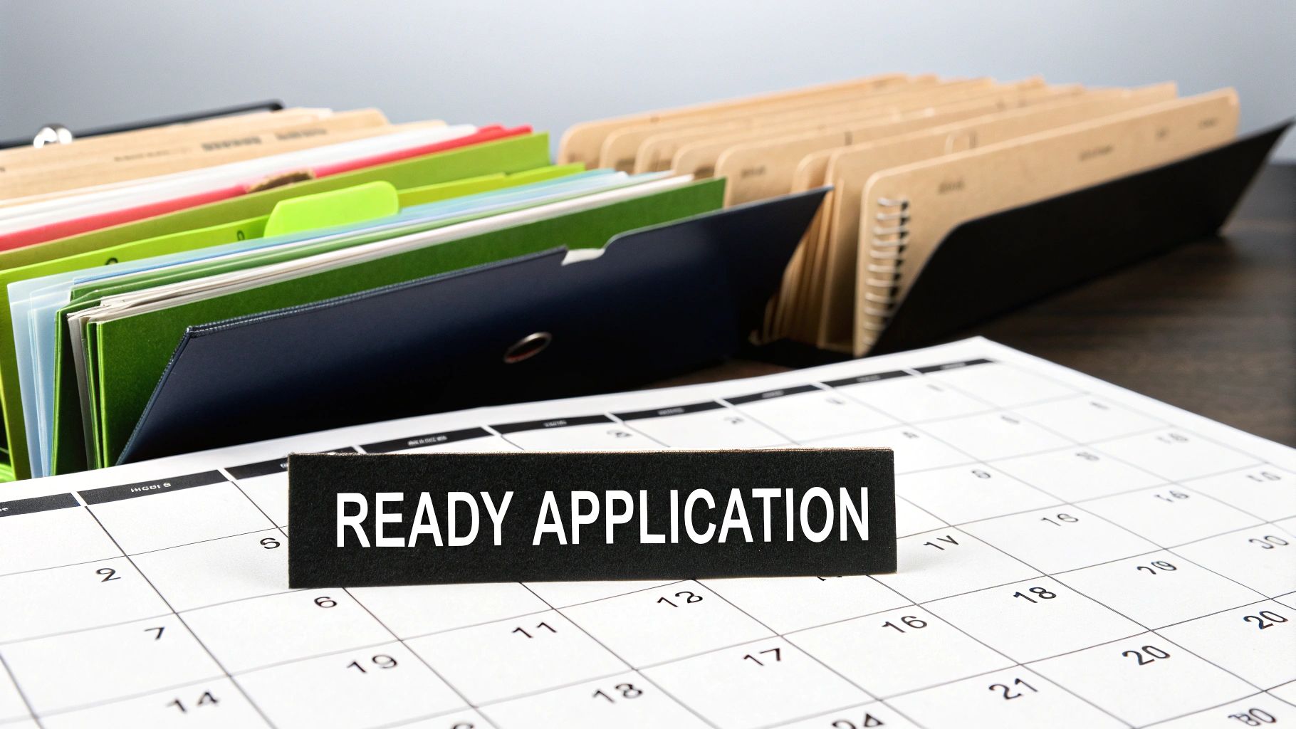 A black sign reading 'READY APPLICATION' sits on a calendar grid, surrounded by various files and folders.