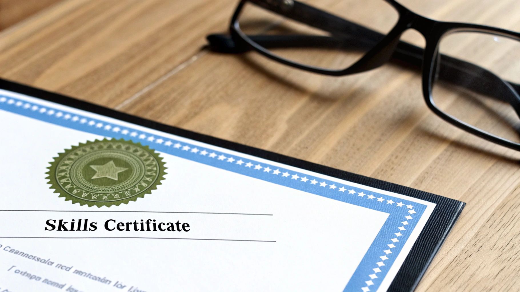 Close-up of a Skills Certificate document with a green seal on a wooden table next to black eyeglasses.