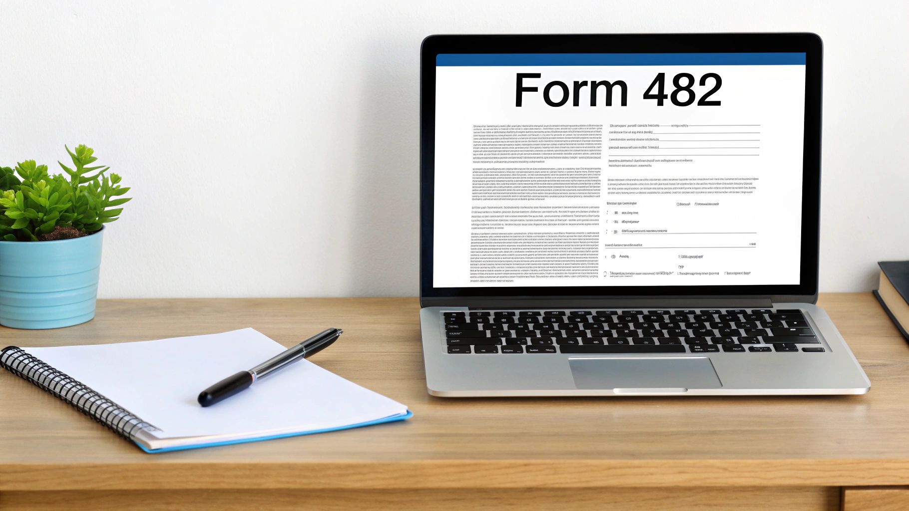 A laptop displaying 'Form 482' on screen, with a plant, notebook, and pen on a wooden desk.