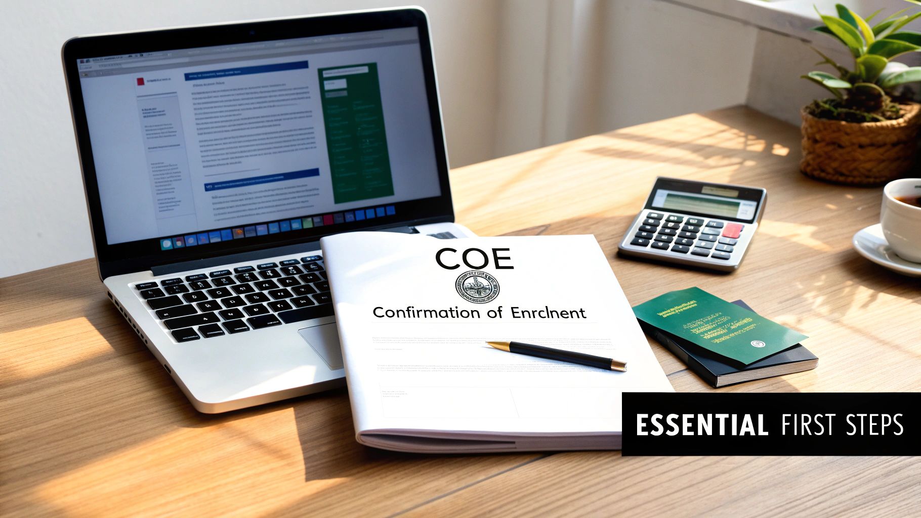 A wooden desk with a laptop, a COE Confirmation of Enrolment document, calculator, passport, and coffee, highlighting essential steps for student visa applications.