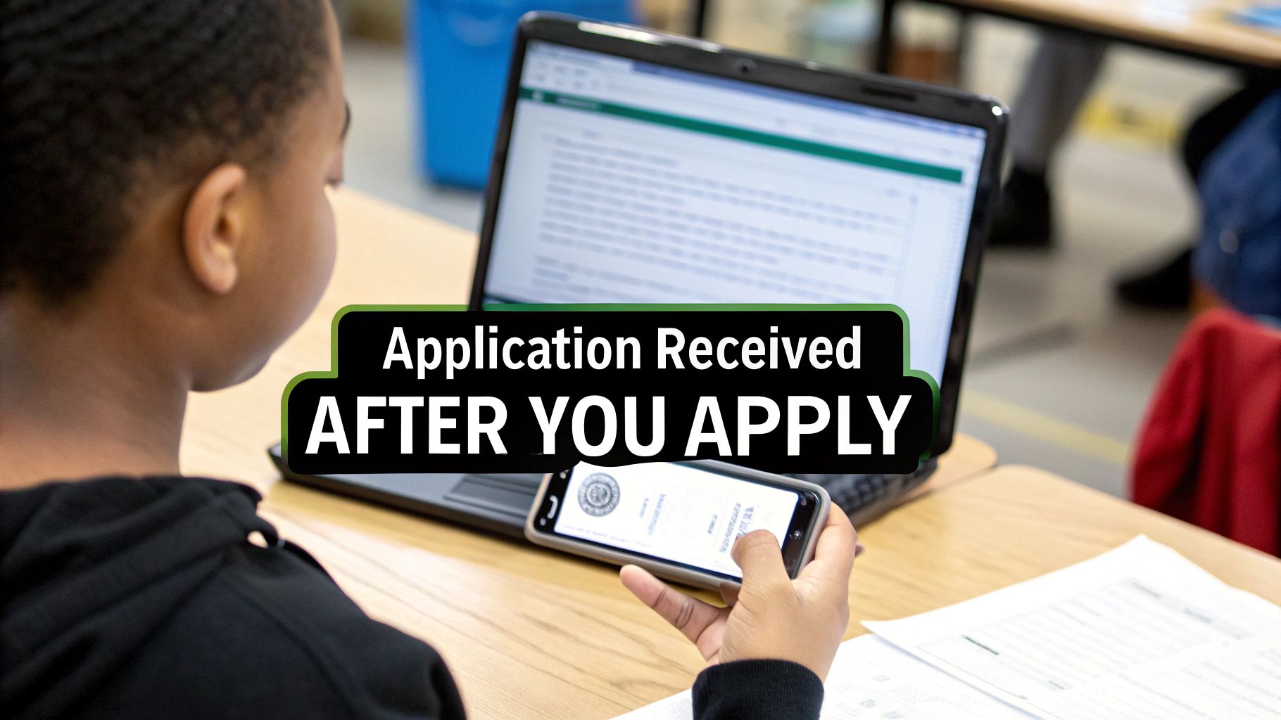 Young student using a laptop and phone, with "Application Received AFTER YOU APPLY" overlay.