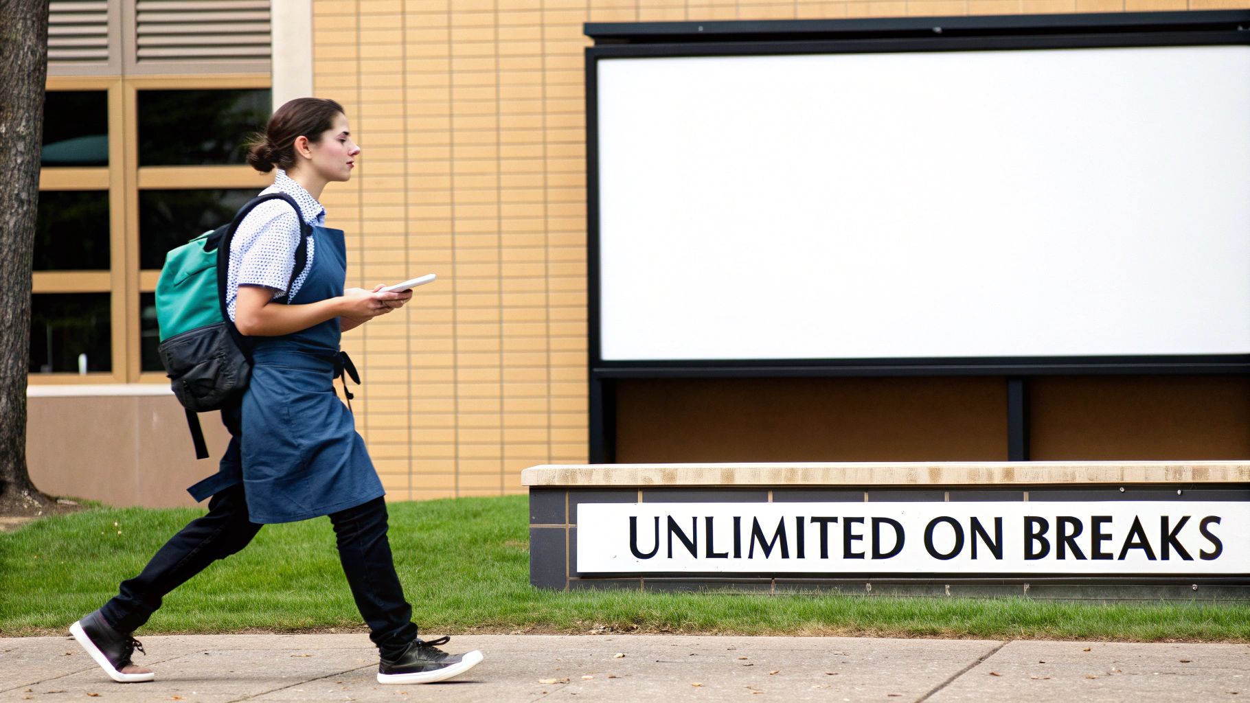 A young woman wearing an apron and backpack, holding a phone, walks past an 'Unlimited On Breaks' sign.